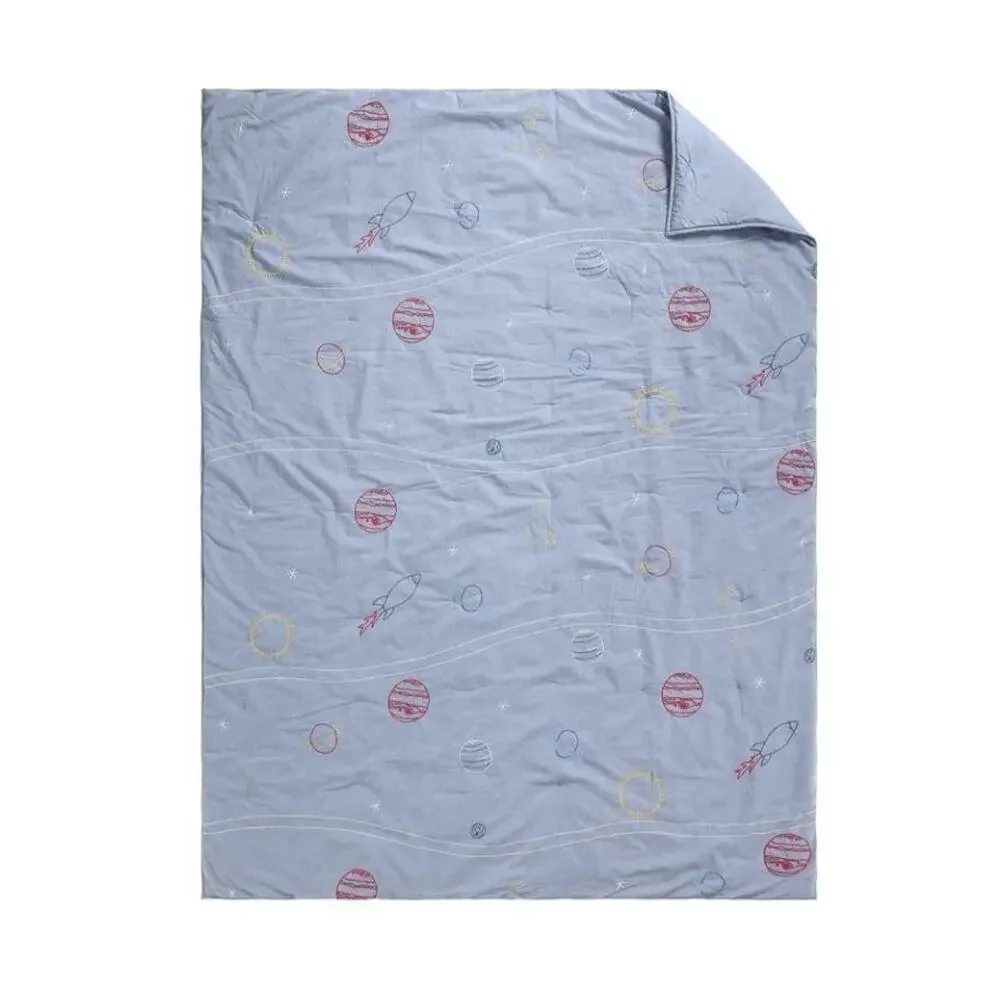 Pottery Barn Kids Space Embroidered Quilt FULL/QUEEN Chambray Blue Stars New